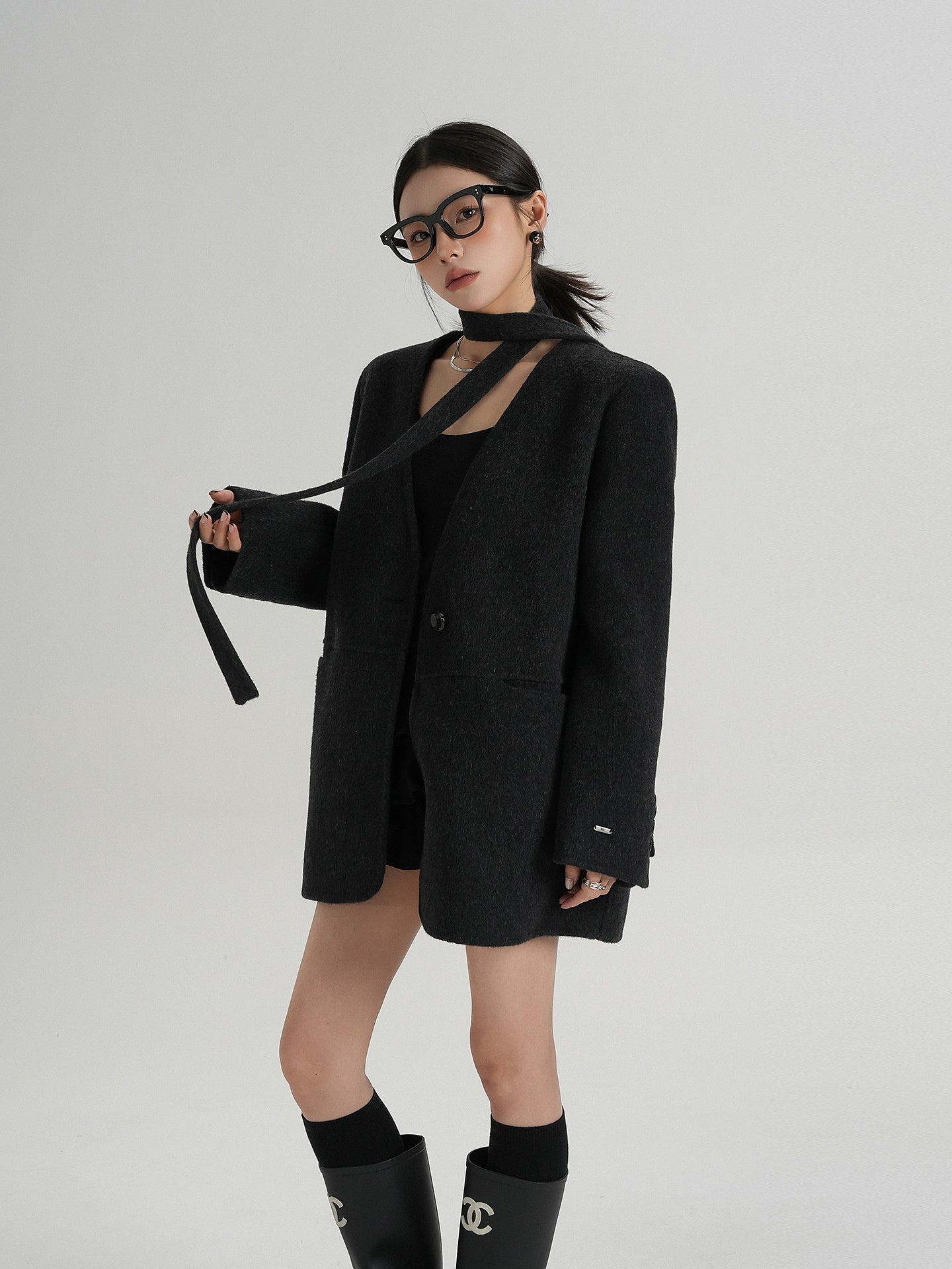 Collarless Wool Coat with Choker Collarless Wool Coat with Choker