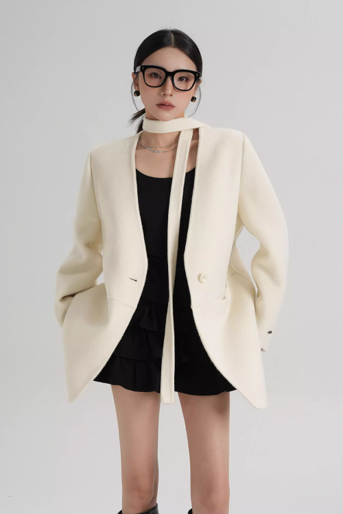Collarless Wool Coat with Choker