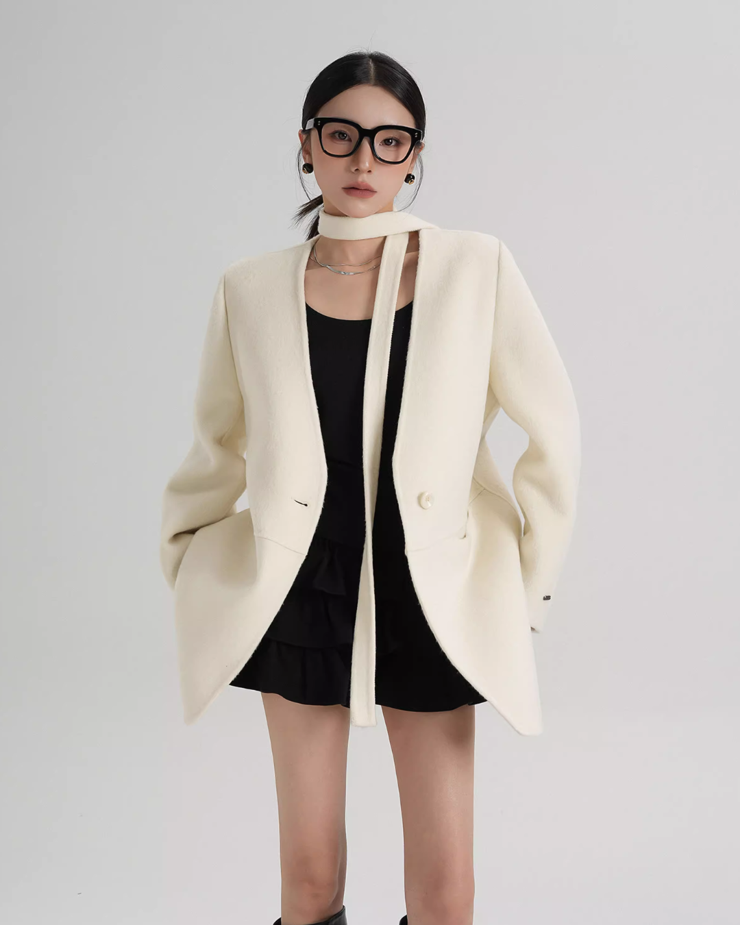 Collarless Wool Coat with Choker Collarless Wool Coat with Choker