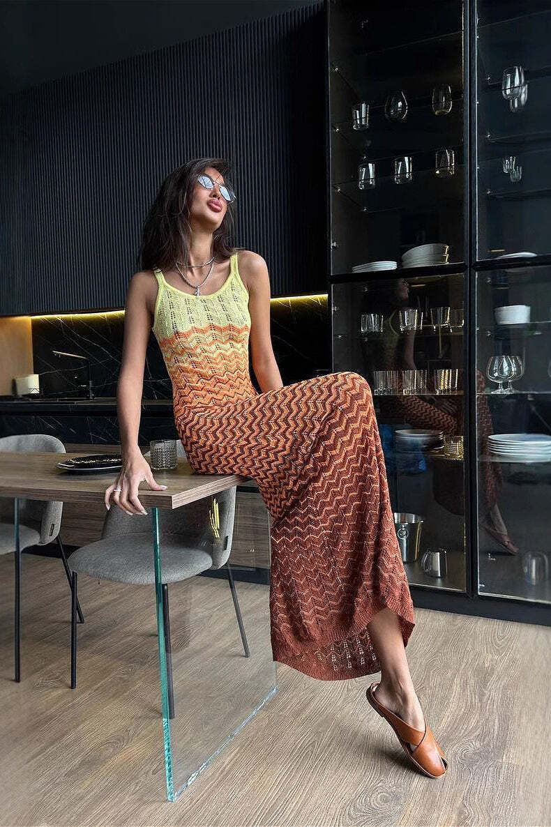 Color Block V Neck Cami Fitted Knit Maxi Dress