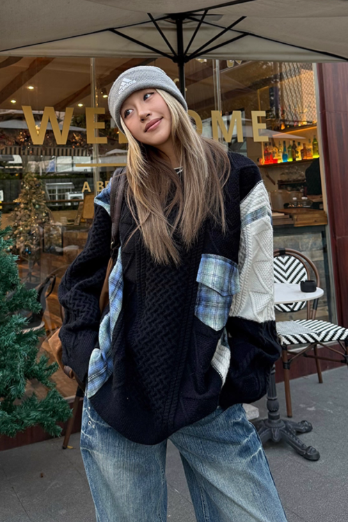 Color Blocking Design Plaid Sweater