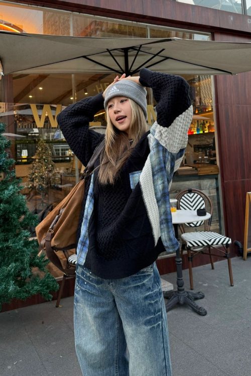 Color Blocking Design Plaid Sweater