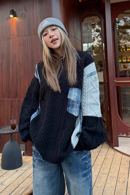 Color Blocking Design Plaid Sweater