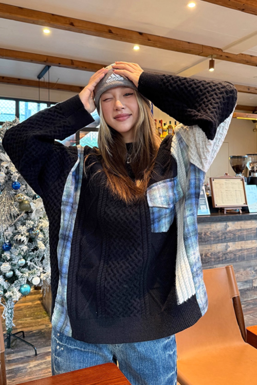 Color Blocking Design Plaid Sweater