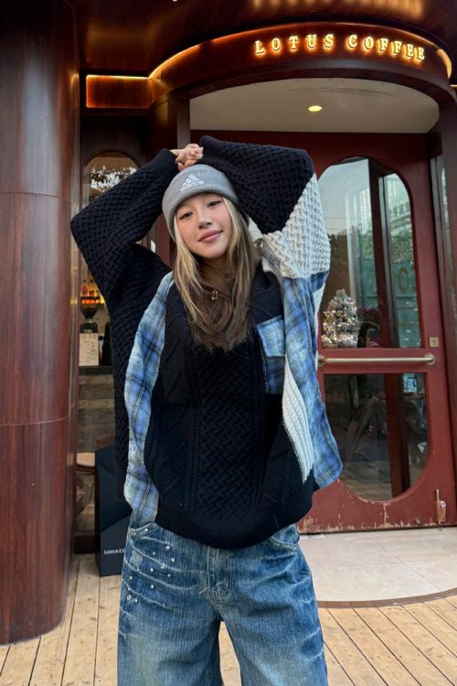 Color Blocking Design Plaid Sweater