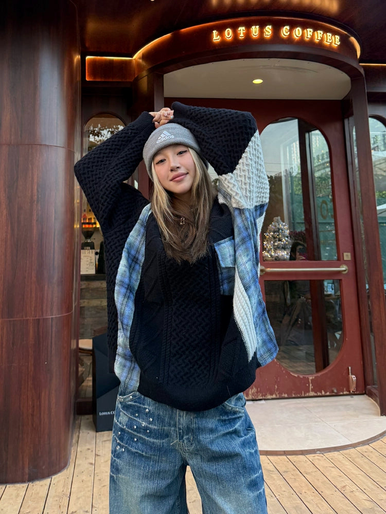 Color Blocking Design Plaid Sweater Color Blocking Design Plaid Sweater