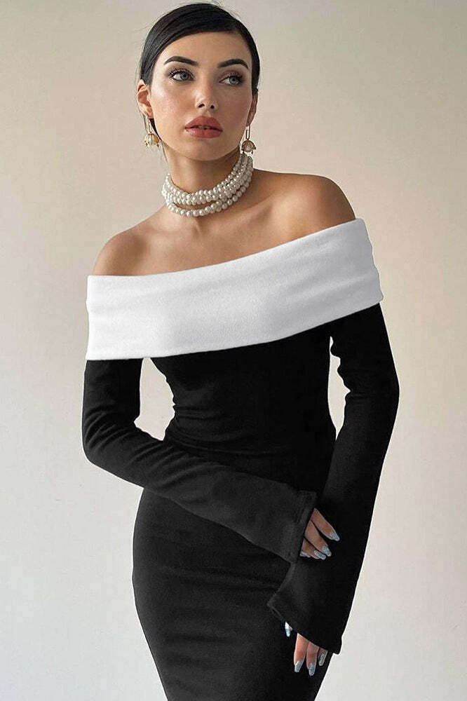 Colorblock Off Shoulder Bodycon Maxi Dress