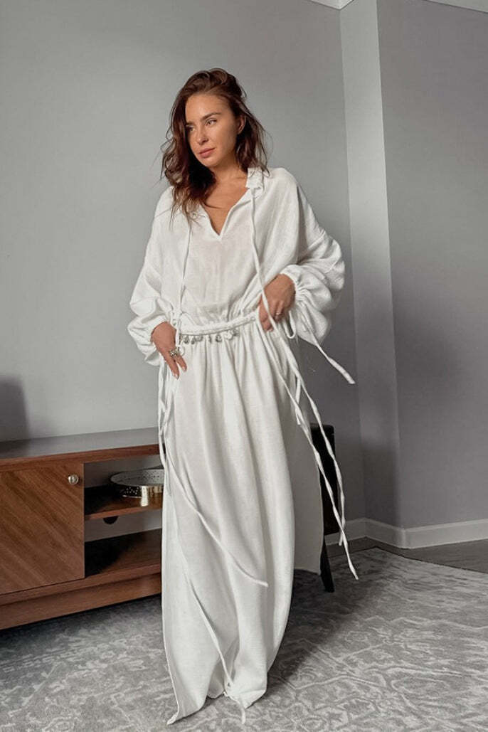 Cotton Cutout Tie Waist Long Sleeve Maxi Dress Cotton Cutout Tie Waist Long Sleeve Maxi Dress