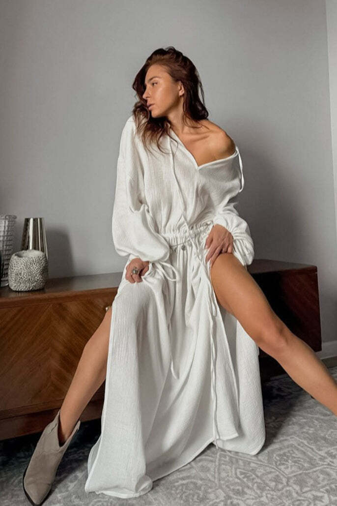 Cotton Cutout Tie Waist Long Sleeve Maxi Dress Cotton Cutout Tie Waist Long Sleeve Maxi Dress