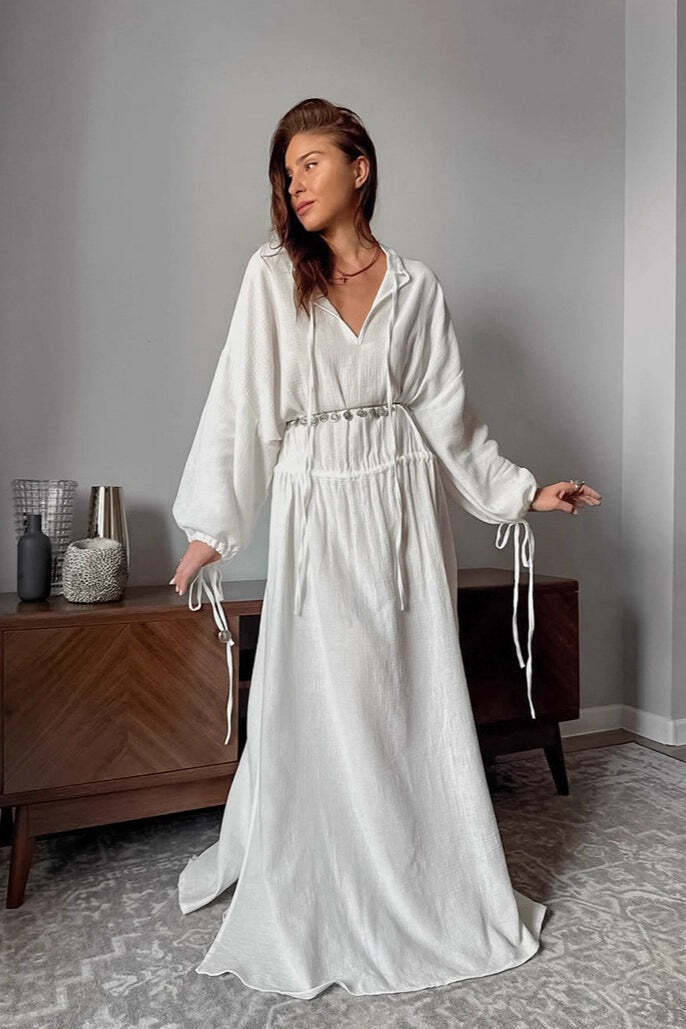 Cotton Cutout Tie Waist Long Sleeve Maxi Dress
