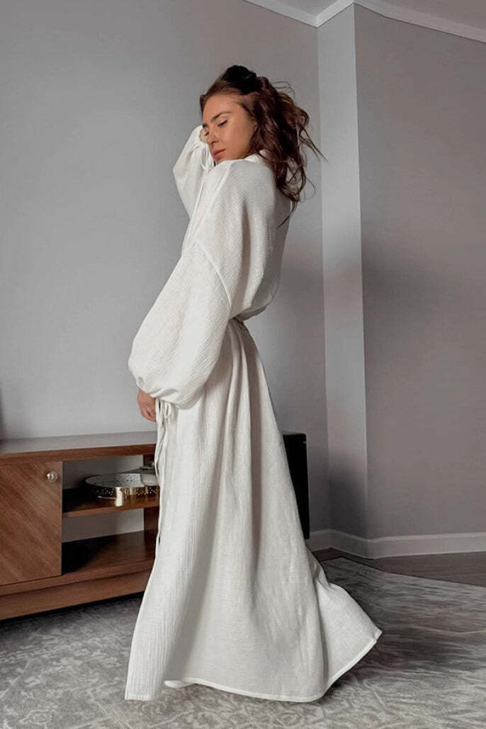 Cotton Cutout Tie Waist Long Sleeve Maxi Dress Cotton Cutout Tie Waist Long Sleeve Maxi Dress