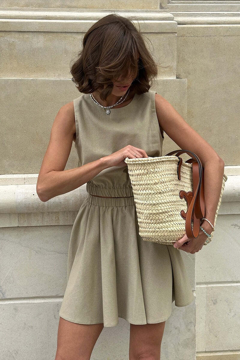 Cotton Linen Tank Pleated Skirt Set Cotton Linen Tank Pleated Skirt Set