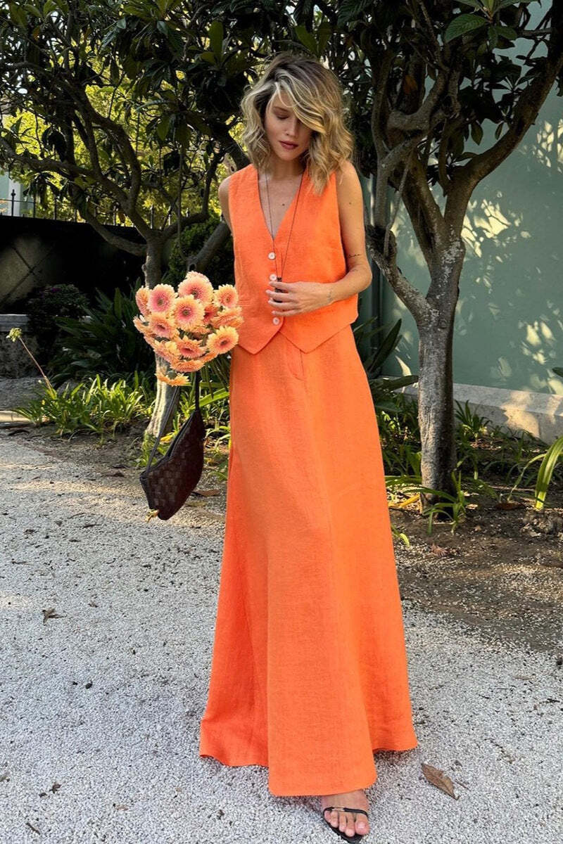 Cotton Linen Vest Swing Skirt Set Cotton Linen Vest Swing Skirt Set