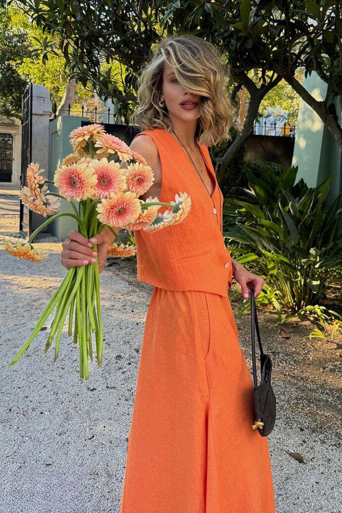 Cotton Linen Vest Swing Skirt Set Cotton Linen Vest Swing Skirt Set