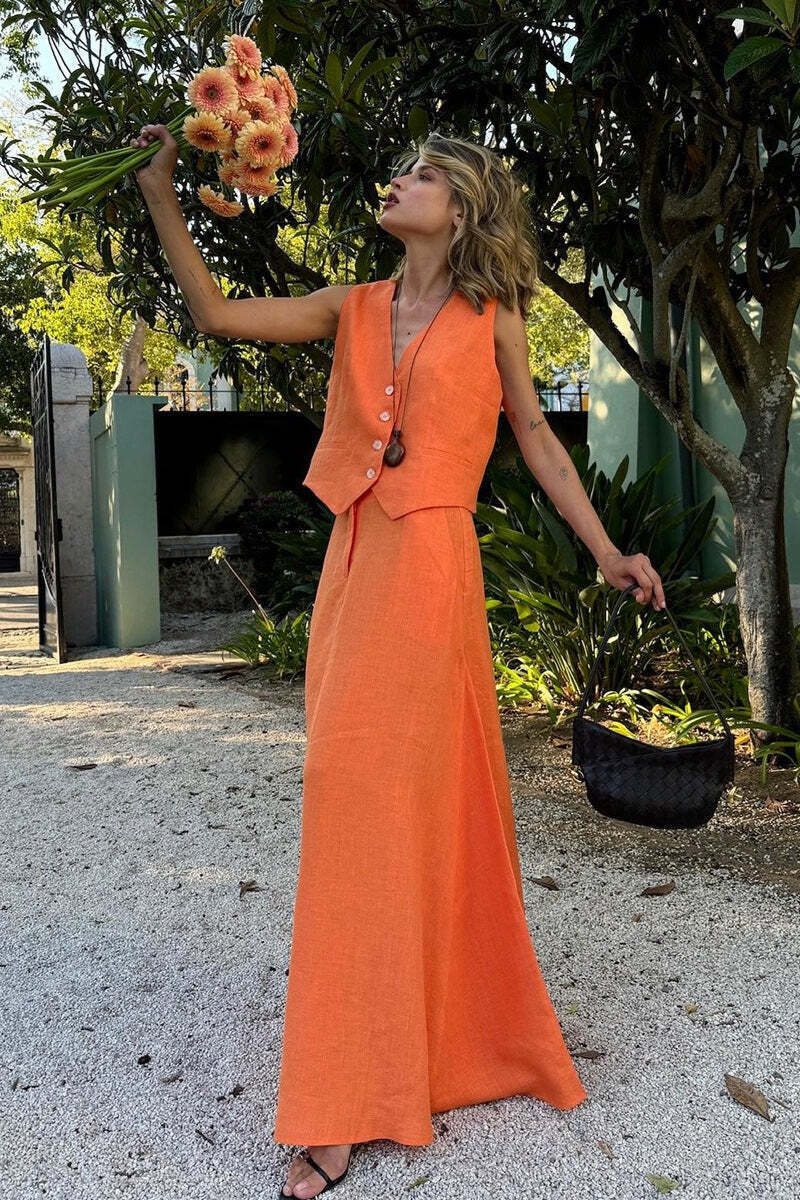 Cotton Linen Vest Swing Skirt Set Cotton Linen Vest Swing Skirt Set