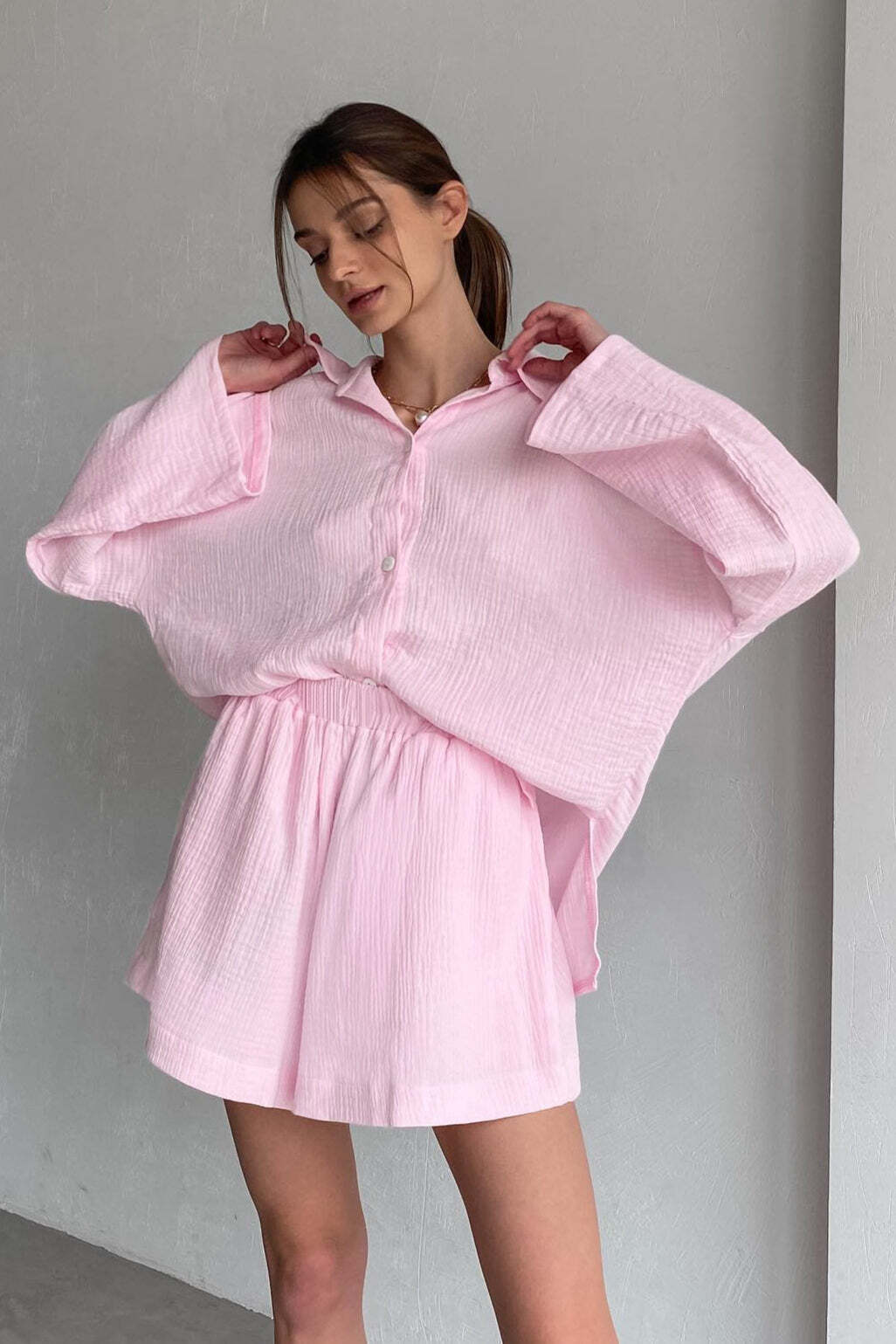 Cotton Long Sleeve Shirt Wide Leg Pants Two Piece Set