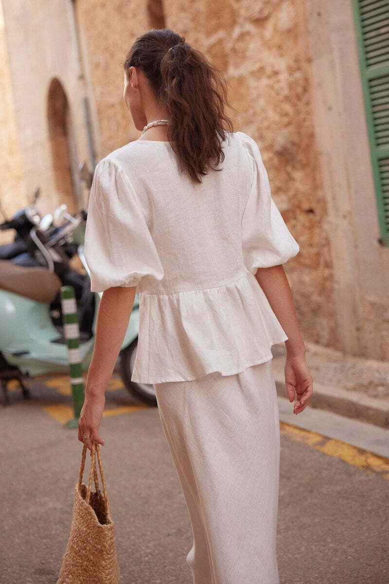 Cotton Puff Sleeve Shirt Skirt Set Cotton Puff Sleeve Shirt Skirt Set