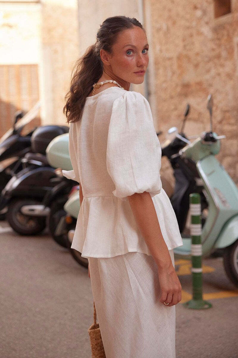 Cotton Puff Sleeve Shirt Skirt Set Cotton Puff Sleeve Shirt Skirt Set