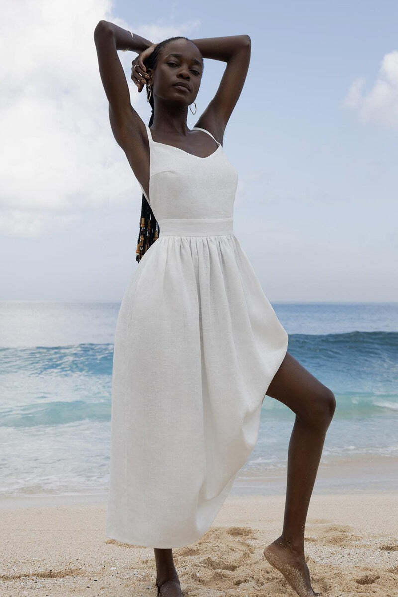 Cotton V Neck Spaghetti Strap Elegant Tie Backless Midi Dress Cotton V Neck Spaghetti Strap Elegant Tie Backless Midi Dress