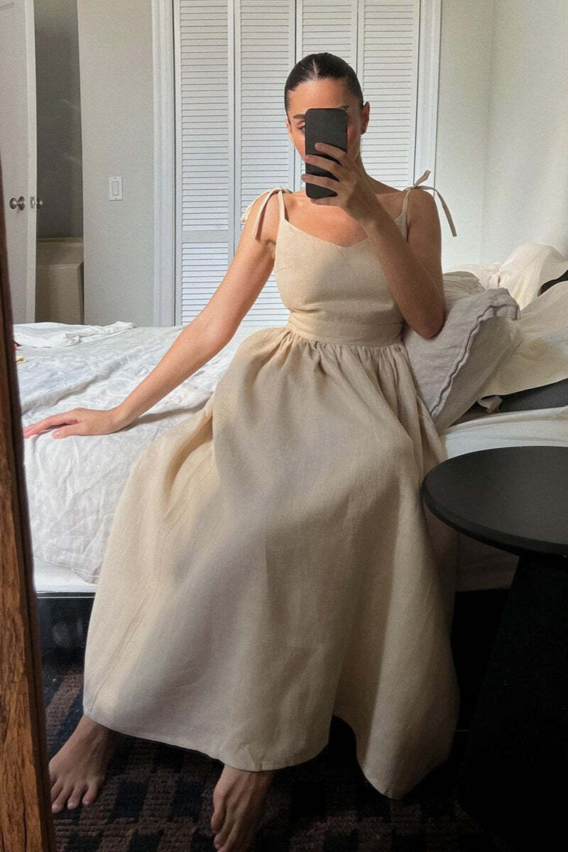 Cotton V Neck Spaghetti Strap Elegant Tie Backless Midi Dress Cotton V Neck Spaghetti Strap Elegant Tie Backless Midi Dress