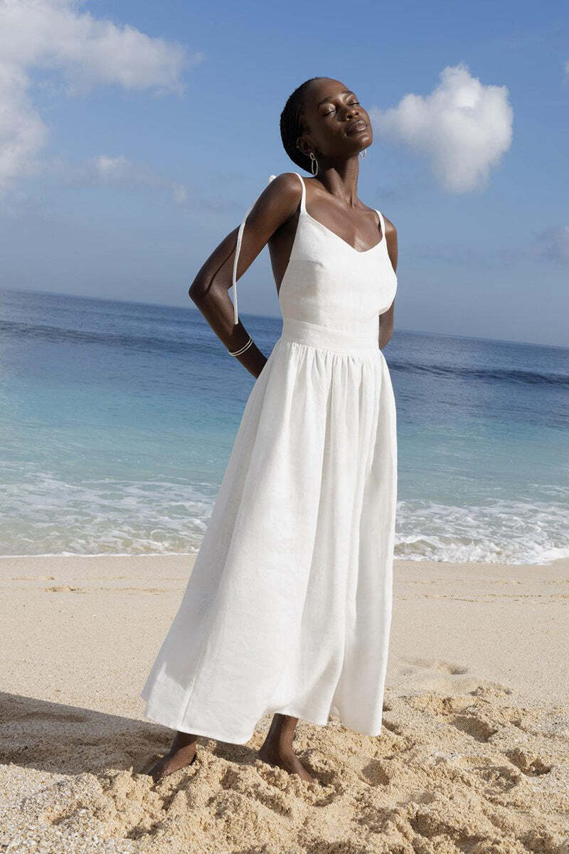 Cotton V Neck Spaghetti Strap Elegant Tie Backless Midi Dress Cotton V Neck Spaghetti Strap Elegant Tie Backless Midi Dress