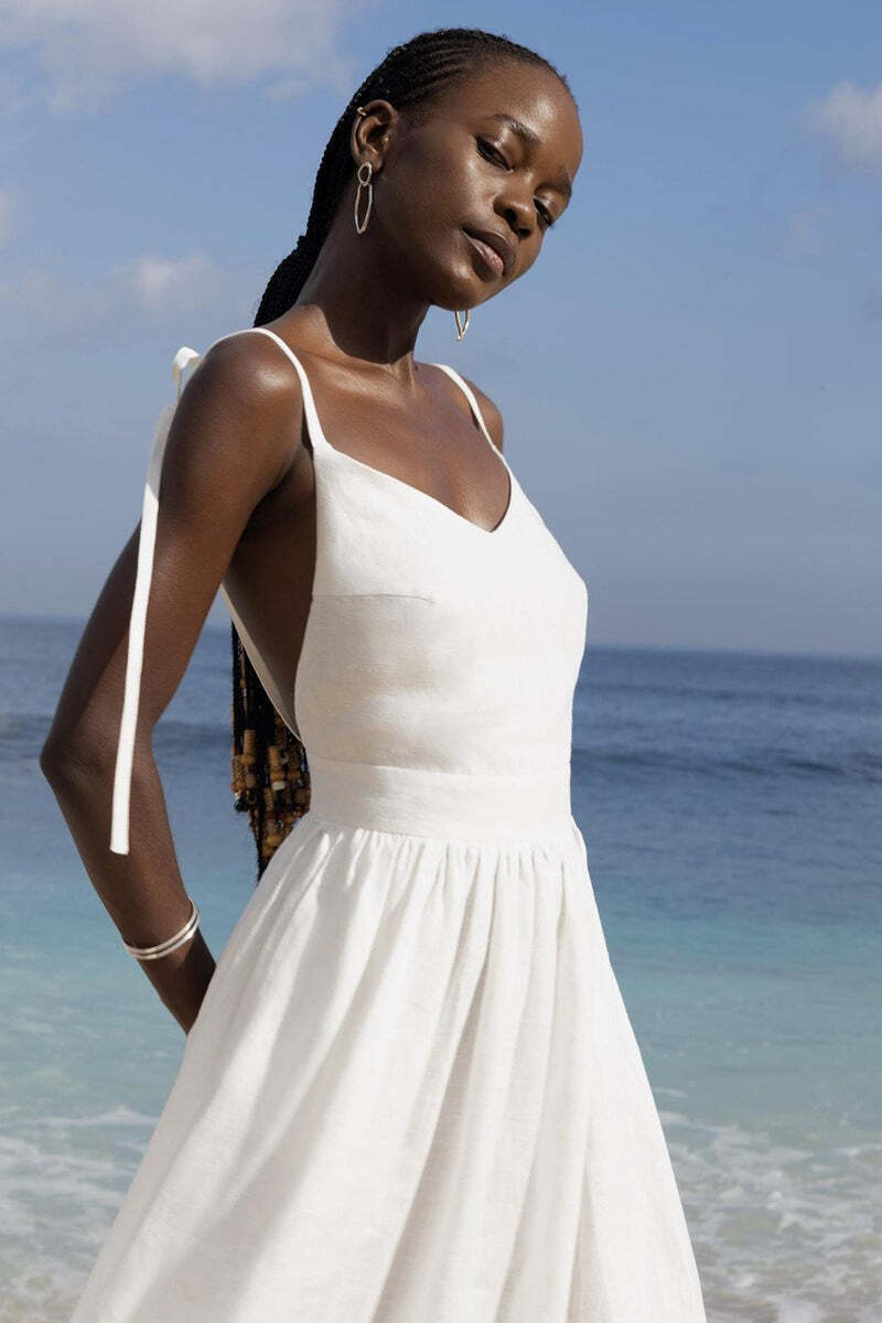 Cotton V Neck Spaghetti Strap Elegant Tie Backless Midi Dress Cotton V Neck Spaghetti Strap Elegant Tie Backless Midi Dress