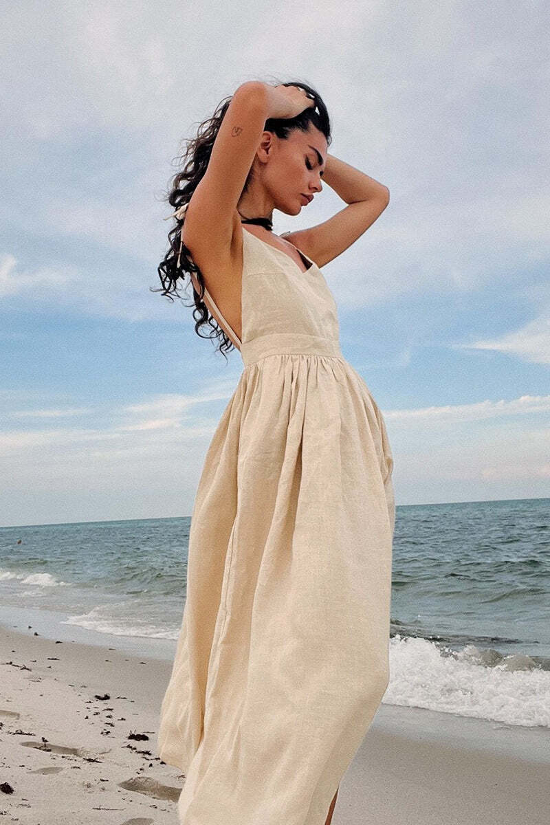 Cotton V Neck Spaghetti Strap Elegant Tie Backless Midi Dress Cotton V Neck Spaghetti Strap Elegant Tie Backless Midi Dress