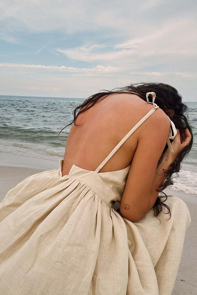 Cotton V Neck Spaghetti Strap Elegant Tie Backless Midi Dress Cotton V Neck Spaghetti Strap Elegant Tie Backless Midi Dress