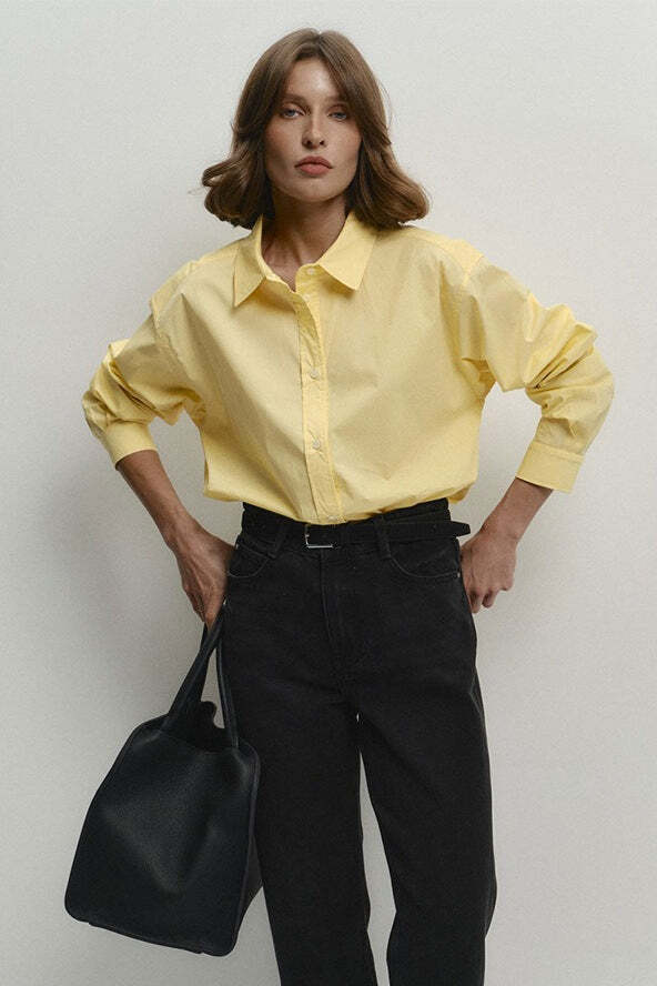 Cotton Yellow Button Down Loose Commuter Blouse