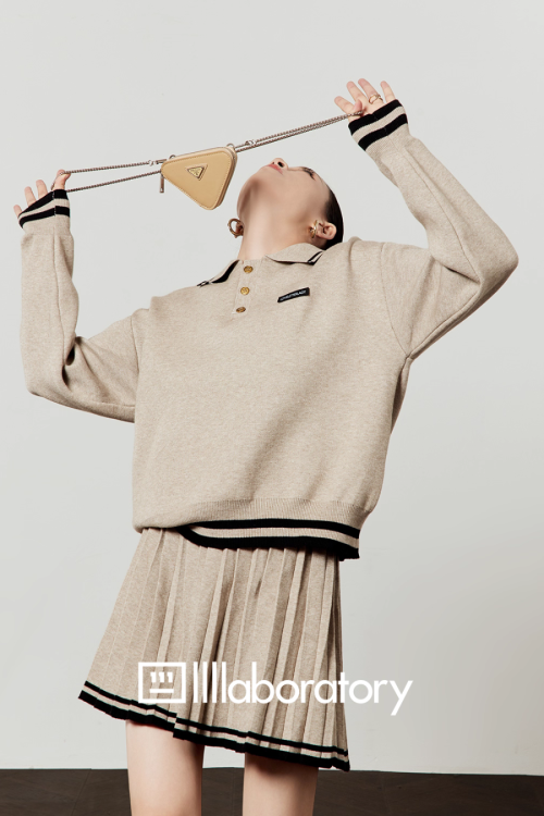 Cream Beige Knit Top / Pleated Skirt