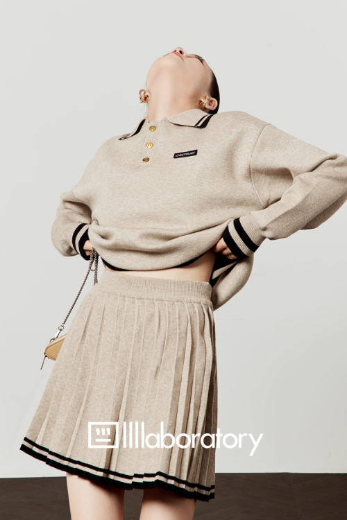 Cream Beige Knit Top / Pleated Skirt