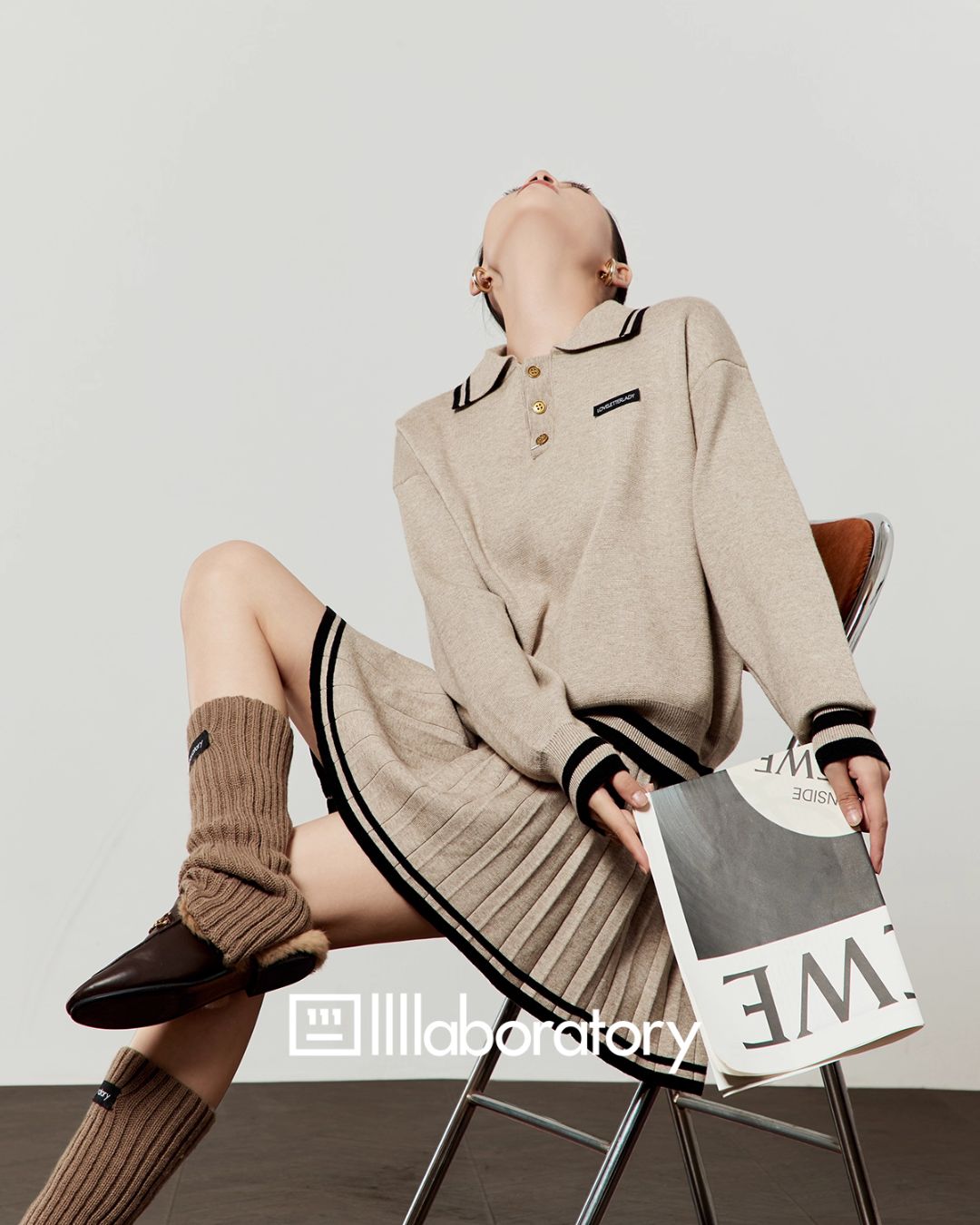 Cream Beige Knit Top / Pleated Skirt Cream Beige Knit Top / Pleated Skirt