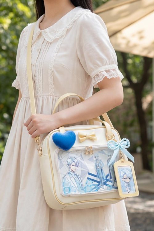 Cream Kawaii Ita Tote Bag with Clear Window for Plushies and Pins