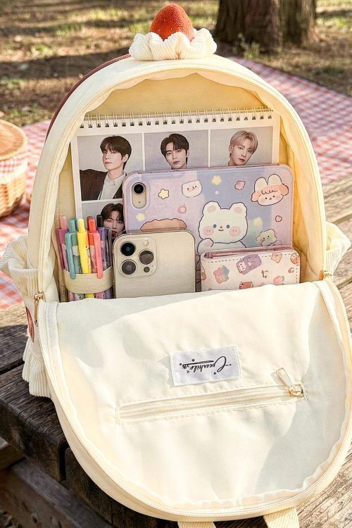 Cream Lace Strawberry Ita Backpack with Clear Window for Plushies and Pins