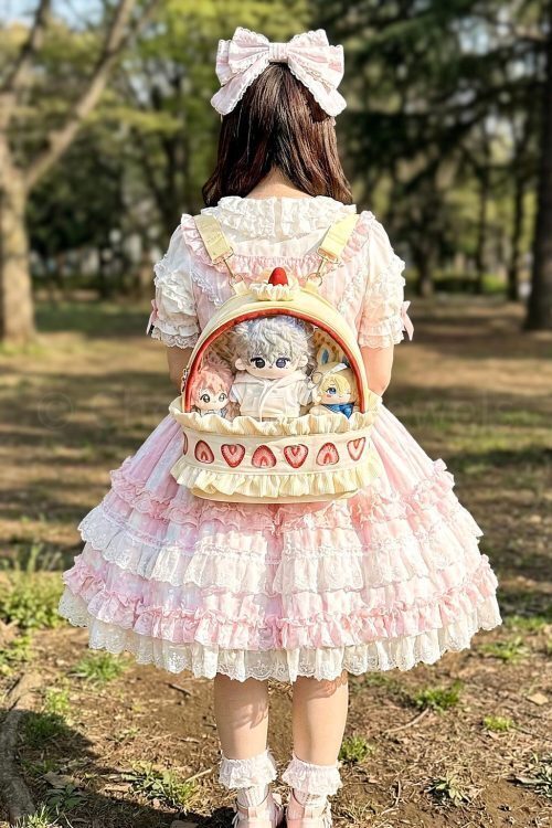 Cream Lace Strawberry Ita Backpack with Clear Window for Plushies and Pins
