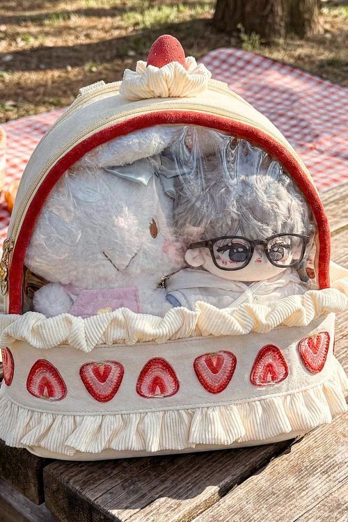 Cream Lace Strawberry Ita Backpack with Clear Window for Plushies and Pins