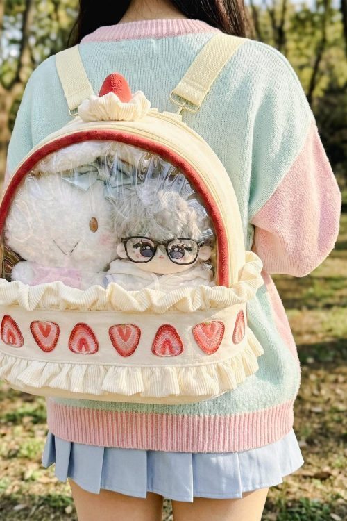 Cream Lace Strawberry Ita Backpack with Clear Window for Plushies and Pins