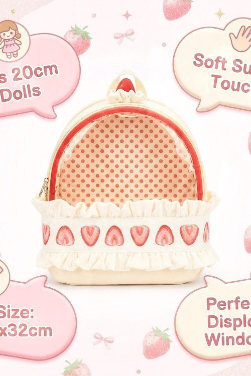 Cream Lace Strawberry Ita Backpack with Clear Window for Plushies and Pins