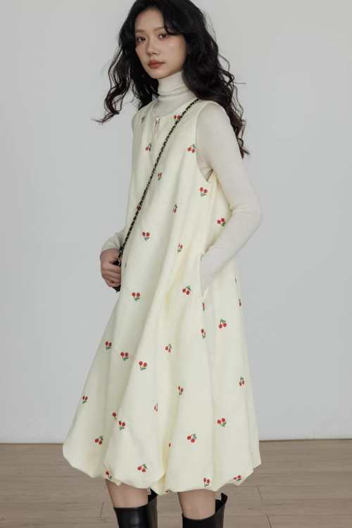 Crew Neck Cherry Vest Dress