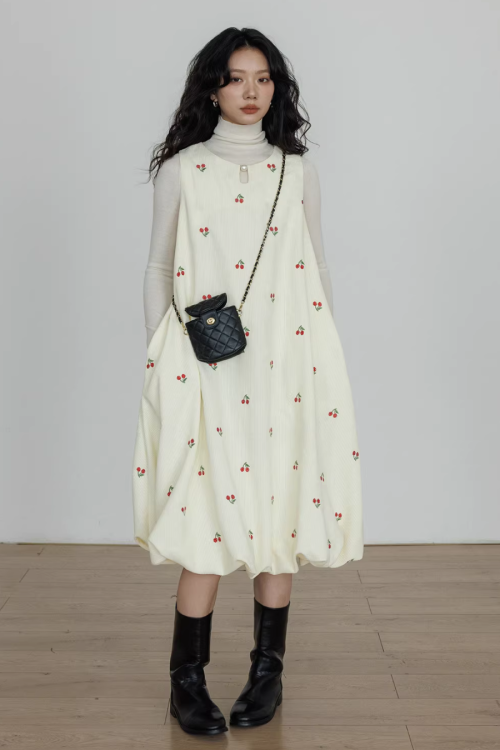 Crew Neck Cherry Vest Dress
