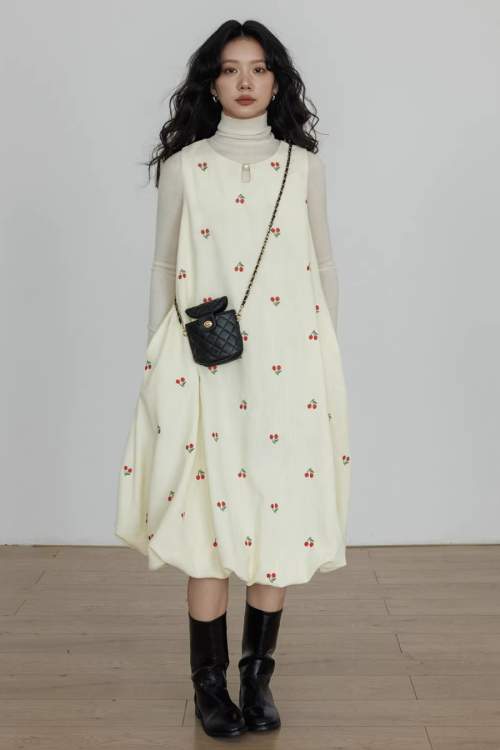 Crew Neck Cherry Vest Dress