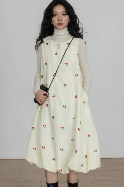 Crew Neck Cherry Vest Dress