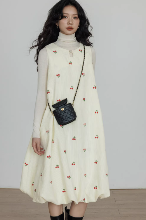 Crew Neck Cherry Vest Dress