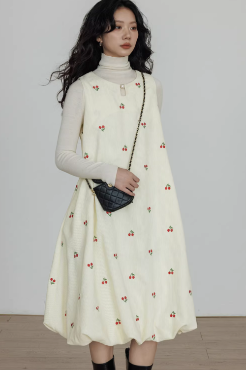 Crew Neck Cherry Vest Dress