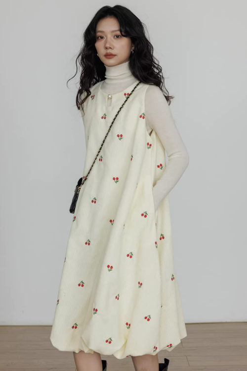 Crew Neck Cherry Vest Dress