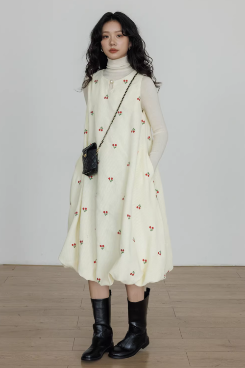 Crew Neck Cherry Vest Dress