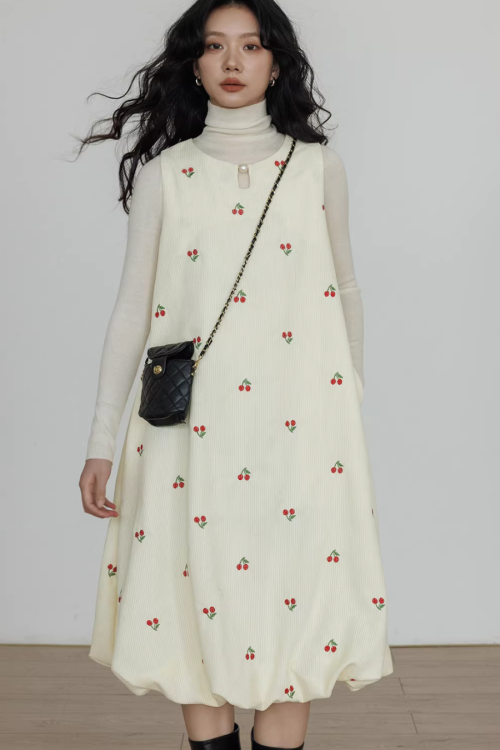 Crew Neck Cherry Vest Dress