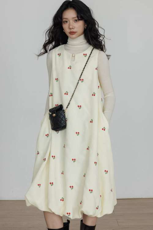 Crew Neck Cherry Vest Dress