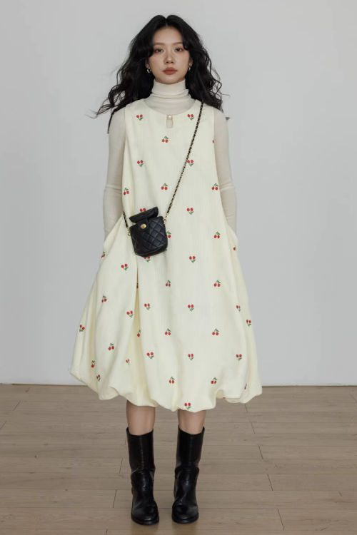 Crew Neck Cherry Vest Dress