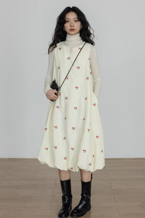 Crew Neck Cherry Vest Dress